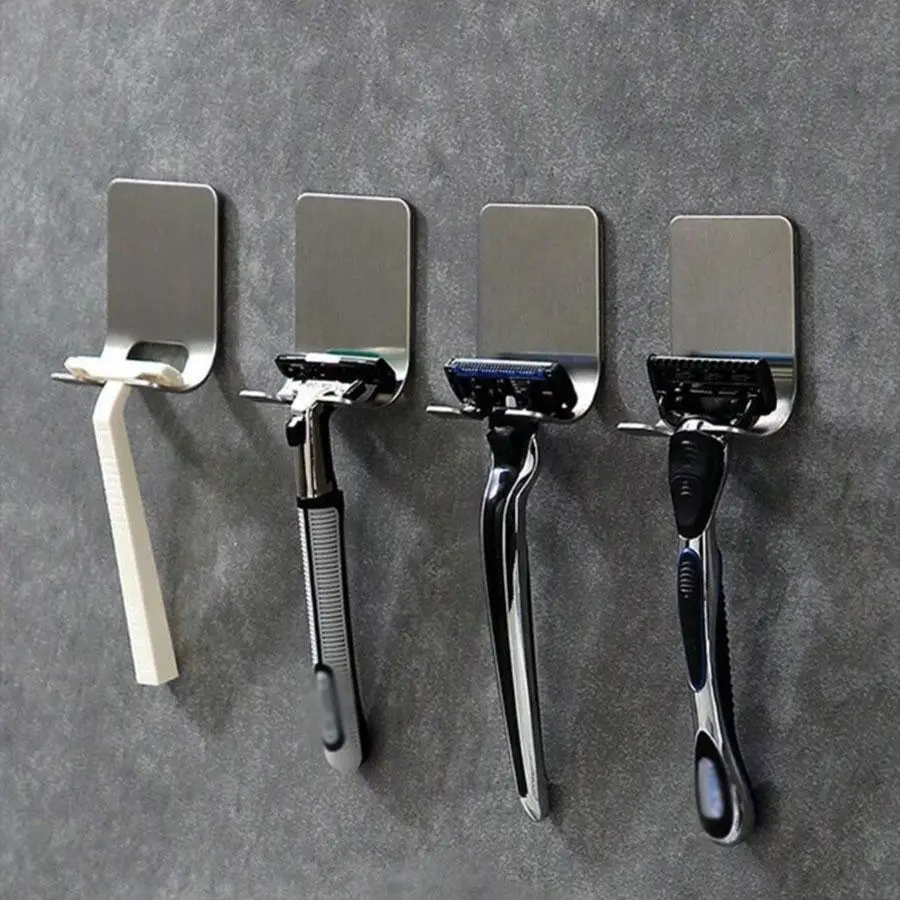 Stainless Steel Razor Holder, 1 Count Punch Free Self Adhesive Razor Storage Hook, Over Door Hook, Home Organizer for Bathroom, Kitchen, Living Room,
