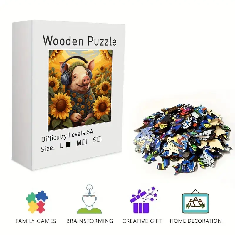 Cute Music-Loving Pig in Sunflower Field Wooden Jigsaw Puzzle for Adults & Kids - Challenging Irregular Pieces, Whimsical Farm Animal Art Puzzle, Stress Relief Brain Teaser, Framable Wall Art & Home Decor