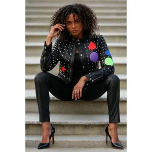 Multi Colored Studded Leather Jacket -81752 Womenswear Coats