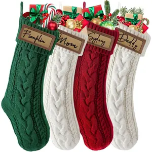 steo spce 4 Pack Personalized Christmas Stocking with Leather Patches Custom Name Family Christmas Stockings, 18.5” Large Knitted Xmas Stockings for Kids, Holiday and Fireplace Party Decoration