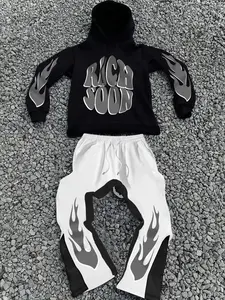 Two-piece Set Men's Fire and  Letter Print Drop Shoulder Hoodie & Elastic Waist Sweatpants, Regular Fit Casual Fashion Cozy Breathable Two Piece Outfits for Daily Workout Running, Men's Clothes for Fall & Winter