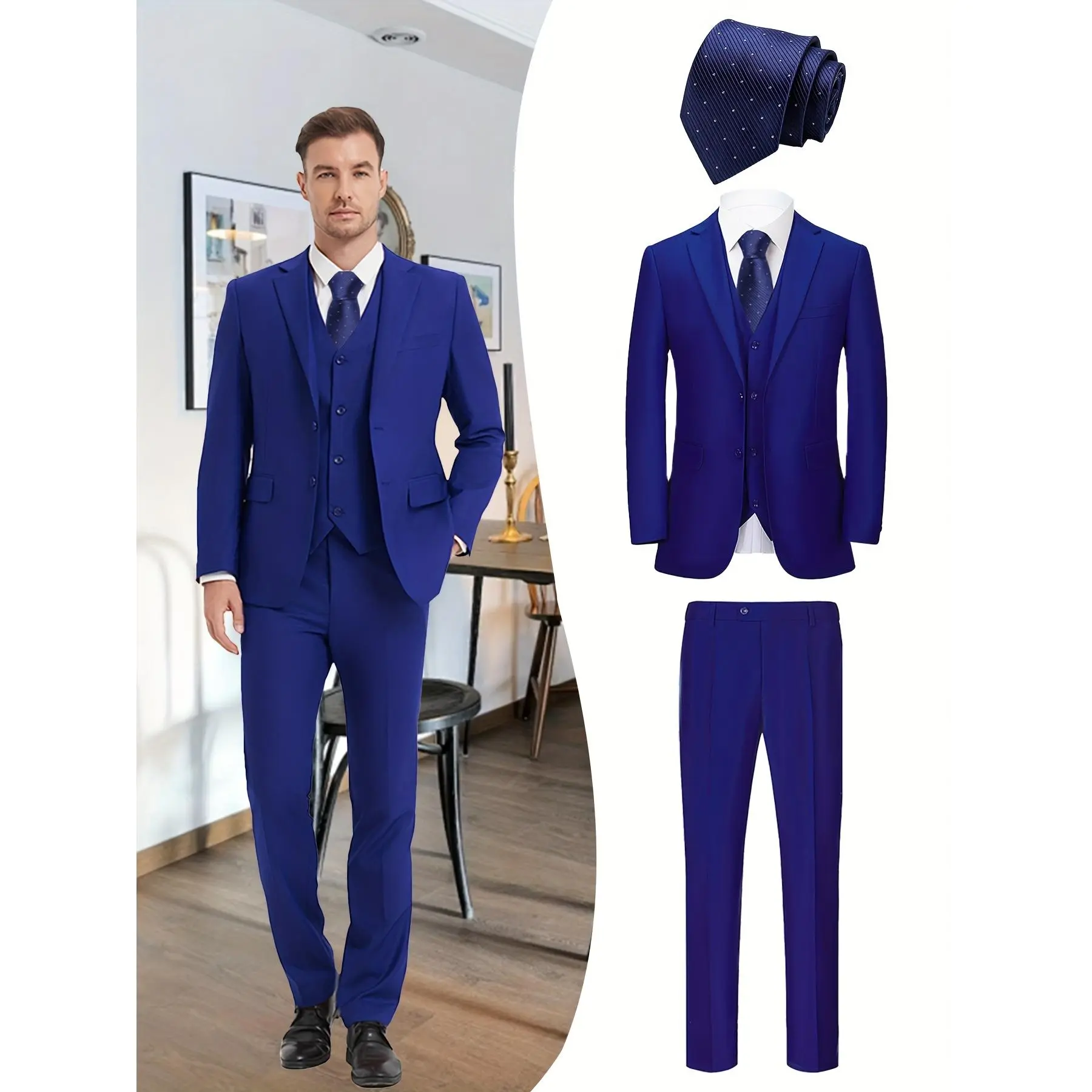Men's 4-Piece Slim Fit Minimalist Long Sleeve Suit Set - Jacket, Vest, Pants, Blue Tie, Rayon Fabric, Button Front, Fitted Menswear Formal Workwear for Wedding, Business (Suit Sleeve, Polyester Blend)