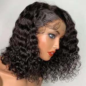 13x4 Transparent Lace Front Deep Curly Wave Bob Glueless Wig 14 Inches 100% Virgin Human Hair Pre Plucked for Women