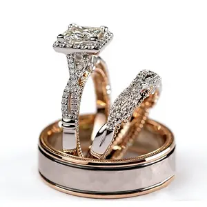 Rose Gold Three-Piece Set Ring with Zircon Full Diamond Women's Couple Rings Men's Rings Color-Blocked Shiny European and American Luxury