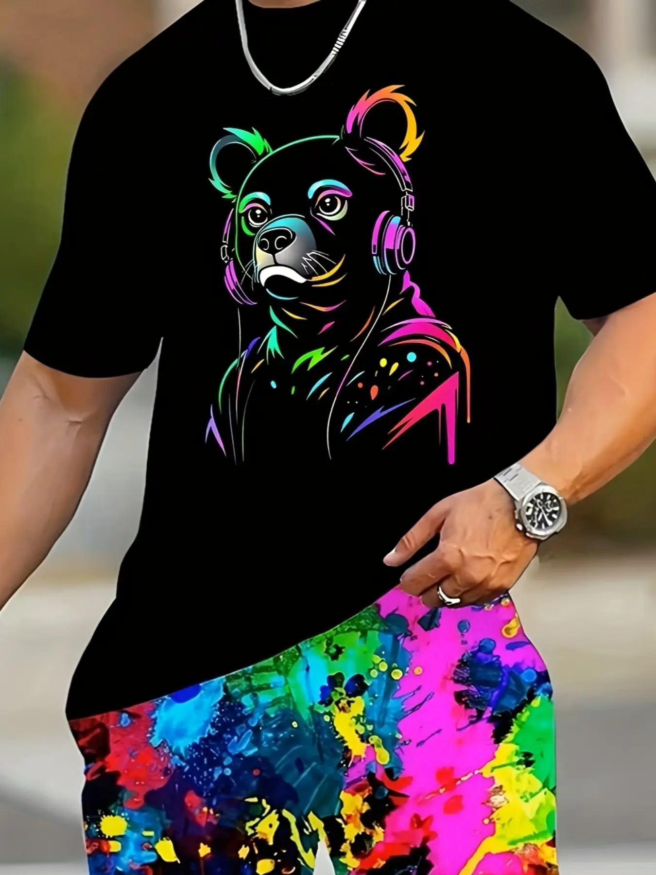Neon Bear Gradient Ink Shorts & Top Set, Summer Men's Casual Sporty Sleeve Two-Piece Outfit, Streetwear, Sports Leisure, Campus Style