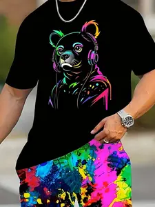 Neon Bear Gradient Ink Shorts Set, Summer Men's Casual Two-Piece, Streetwear, Sports Leisure, Campus Style