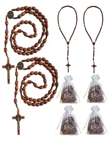 4PCS Baptism Favor Saint Benedict Handmade Wooden Rosary Beads Catholic Pocket Rosary Christian Prayer Cross for Men Women Gift  Handcrafted Wooden Beads Pocket Rosary with Christian Prayer Cross Gift Ready