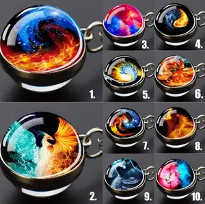 Exotic Fire & Ice Phoenix Yin Yang Aurora Two Sided Glass Ball Pendant Necklace