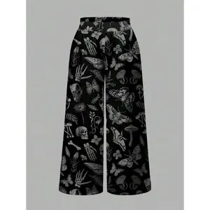 Goth Plus Size Women Mysterious Witch Gothic Palace Dark Skull Moth Plant Floral Butterfly Mushroom Leaf Allover Print Loose Wide Leg Pants Suitable