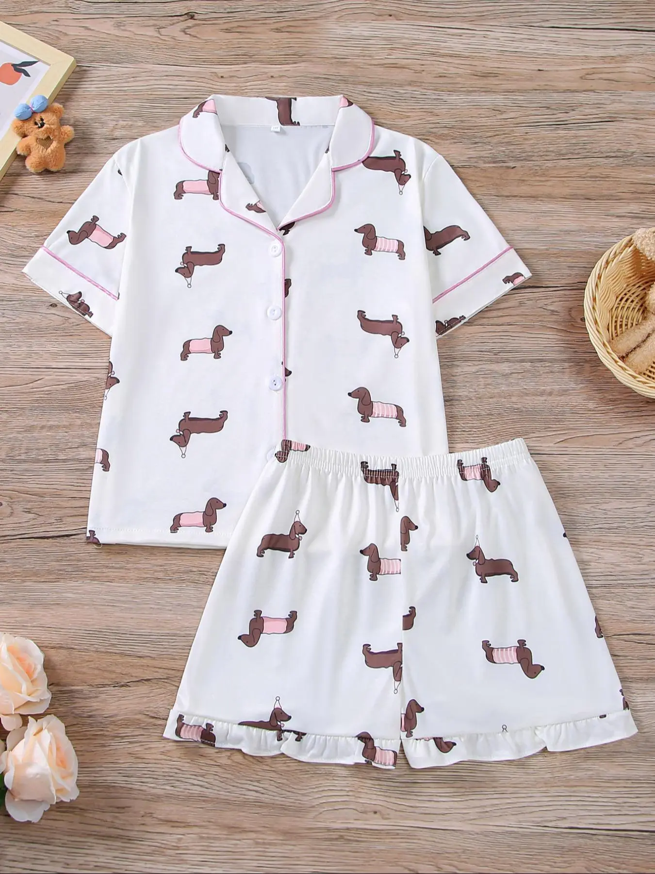 Girl's Dachshund Print Top & Shorts Pyjama, Casual Comfy Short Sleeve Top & Shorts PJ Set, Kids Sleepwear for Summer, Soft Casual Pajamas