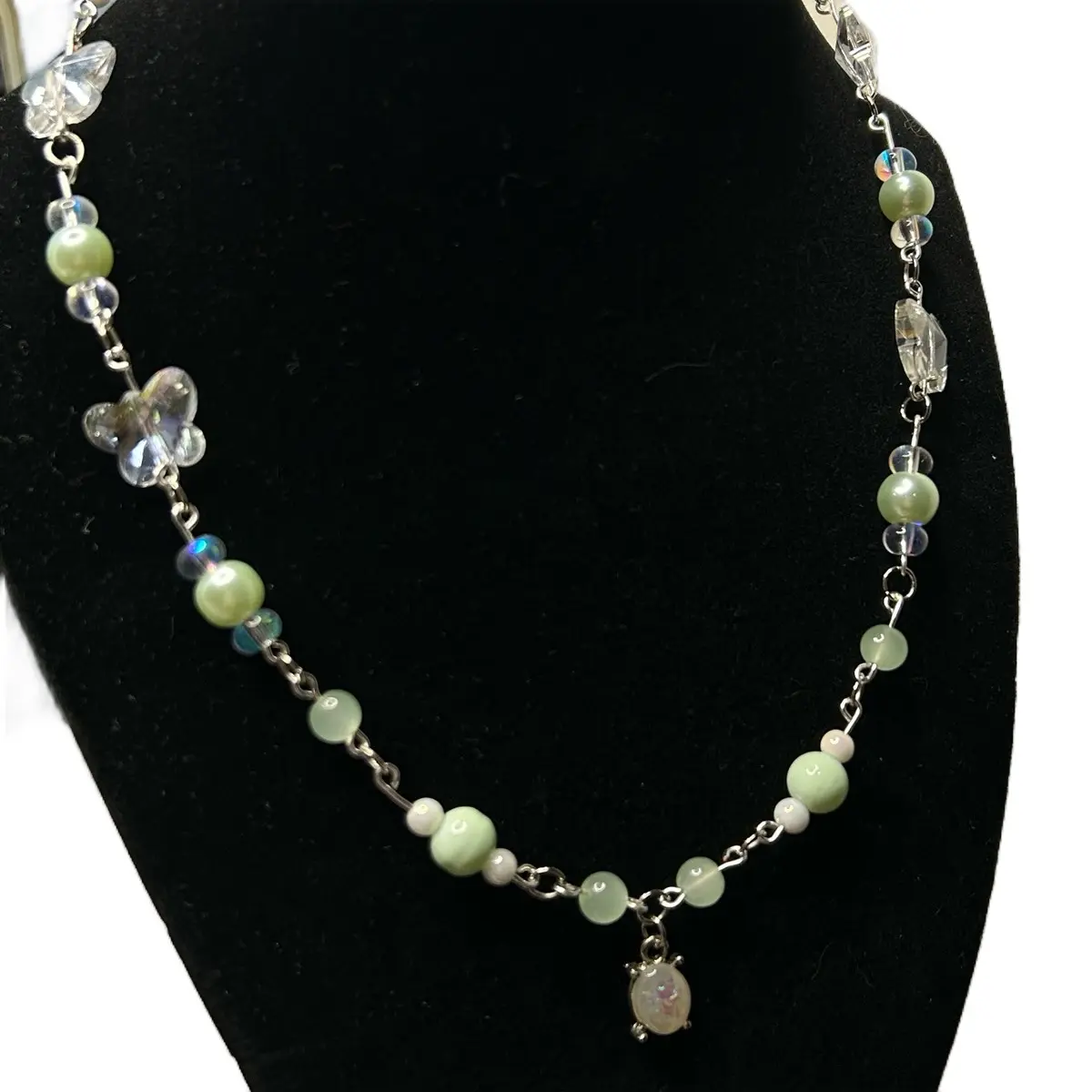 Beautiful Mint Green and Cream White Necklace with Silver Wire and Opal Pendant