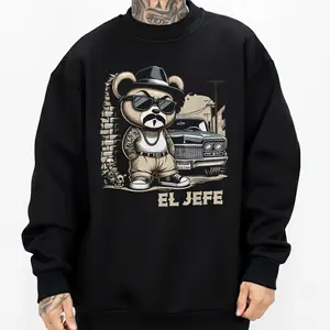 EL JEFE-HipHop Teddy Bear Chicano Clothing Mexican Clothes Oversized Graphic Tee for Men & Women Medium Heavy Polyester Sweatshirt Loose Fit Casual Streetwear Unisex Hoodie True to Size Fit