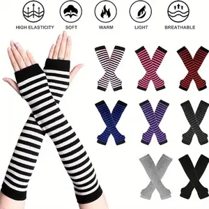 Women's 6 Pairs Knit Long Fingerless Gloves - Stretchy Thigh-High Striped Arm Warmers with Thumb Holes, Cold Weather Casual Female Gloves for Daily Use, Climbing (Home Care Dust Cover Compatible)