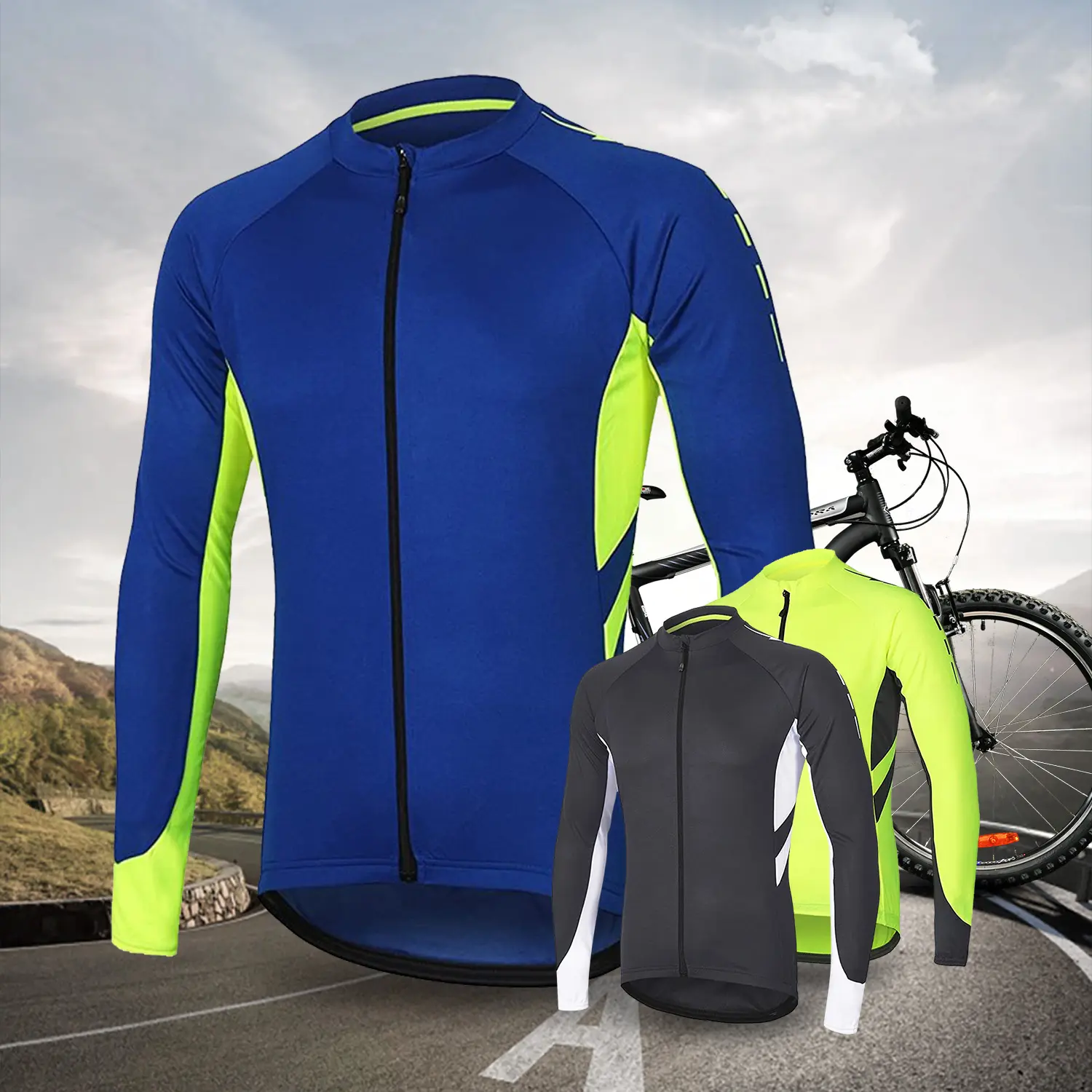 Male Long-Sleeve Cycling Apparel - Full-Length Zipper, Quick-Drying, Moisture-Wicking, Breathable Fabric, Rear Pocket, Night-Reflective Stripe, Road-Off-Road Ready, Available in Black Gray, Blue