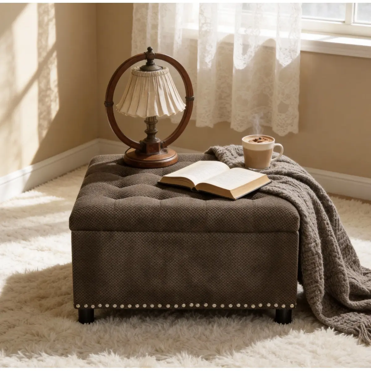 Storage Ottoman, Tufted Footstool, Nailhead Trim Ottoman, Square Storage Ottoman,Living Room Accent, Dark brown Ottoman, Upholstered Coffee Table, Bedroom Storage,  Small Space Furniture, Home Decor.