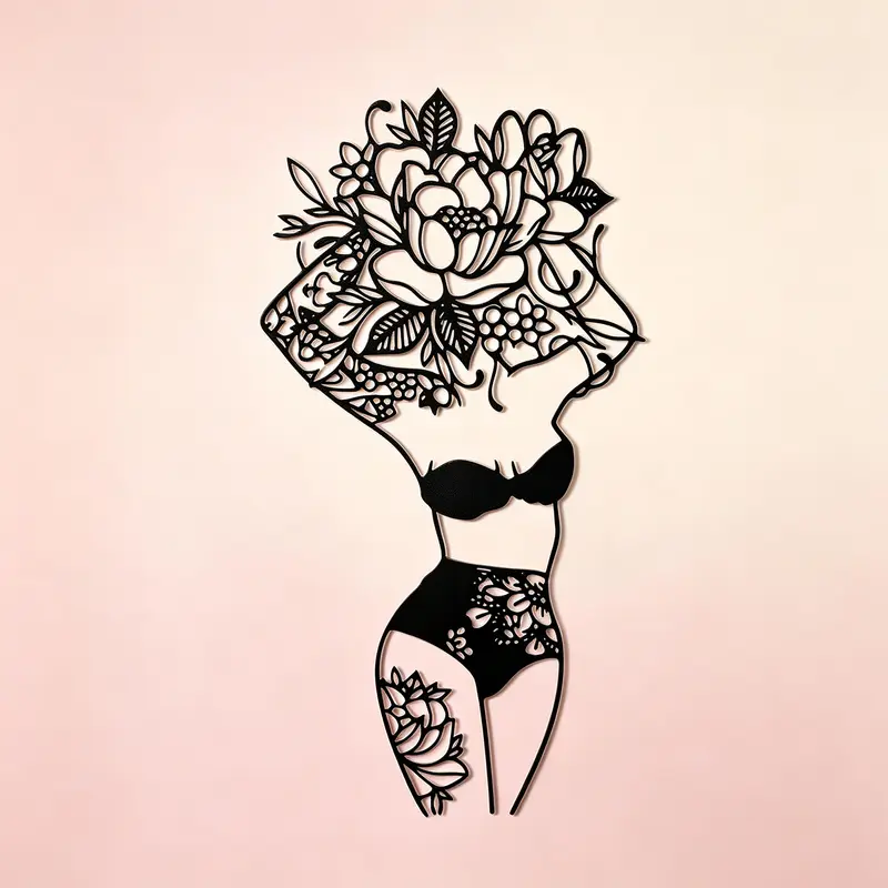 Women's Boho Floral Metal Hanging Home Wall Art - Minimalist Abstract Female Silhouette Sign, Elegant Easy-Install Home Decor Item for Living Room, Bedroom Above-Bed, Bathroom Accent