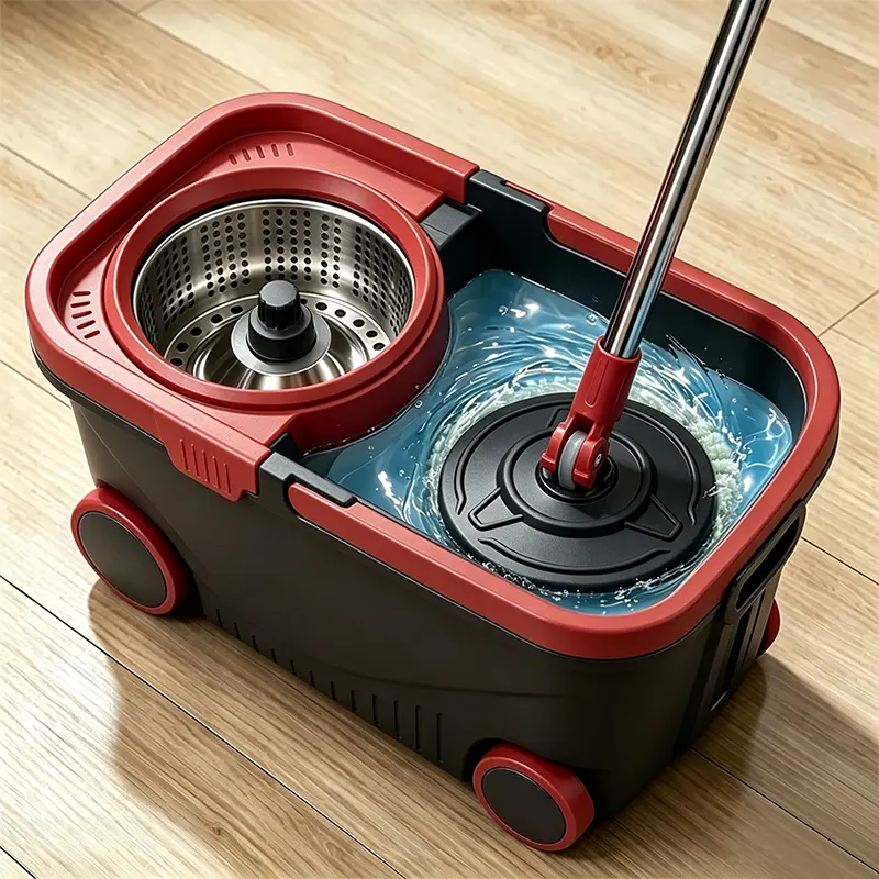 Spin mop with 360° rotatable wet-dry head for hardwood and tile floors. Bucket-free cleaner removes pet hair, stains and dust for home and apartment use. Compact multi-functional mop for bathrooms and living rooms