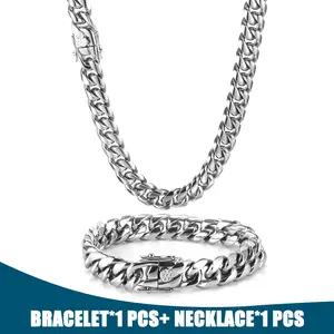 Men's Jewelry Set Miami Cuban Link Chain Necklace and Bracelet Set 10mm Silver Color Stainless Steel Curb Necklace with Design Buckle