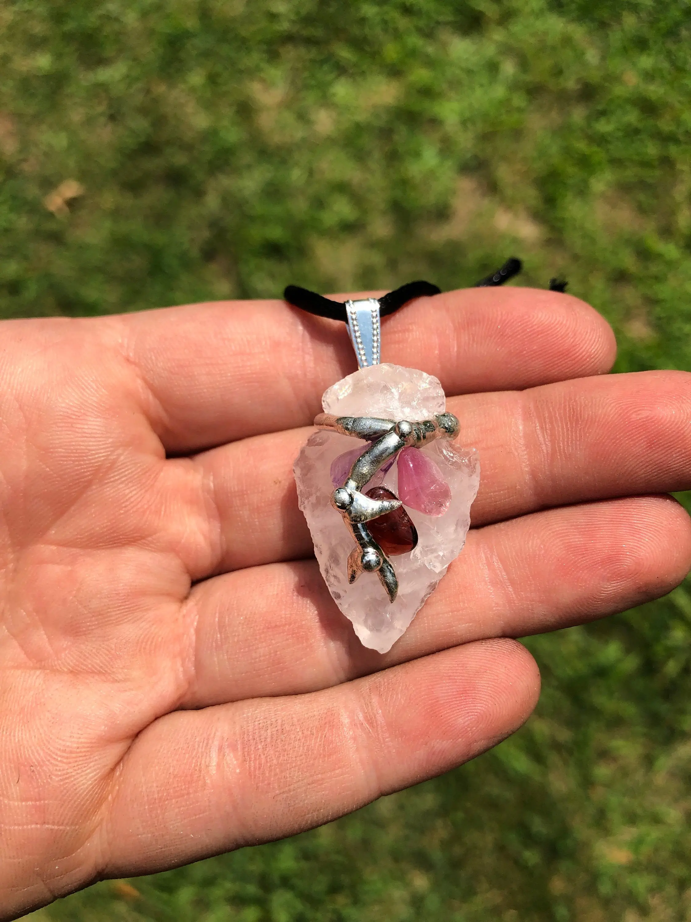 Soulmate Arrowhead Amulet for Love & Happiness - Rose Quartz, Lepidolite, Garnet Pendant with Black Satin Cord, Rose Quartz, Garnet, Lepidolite
