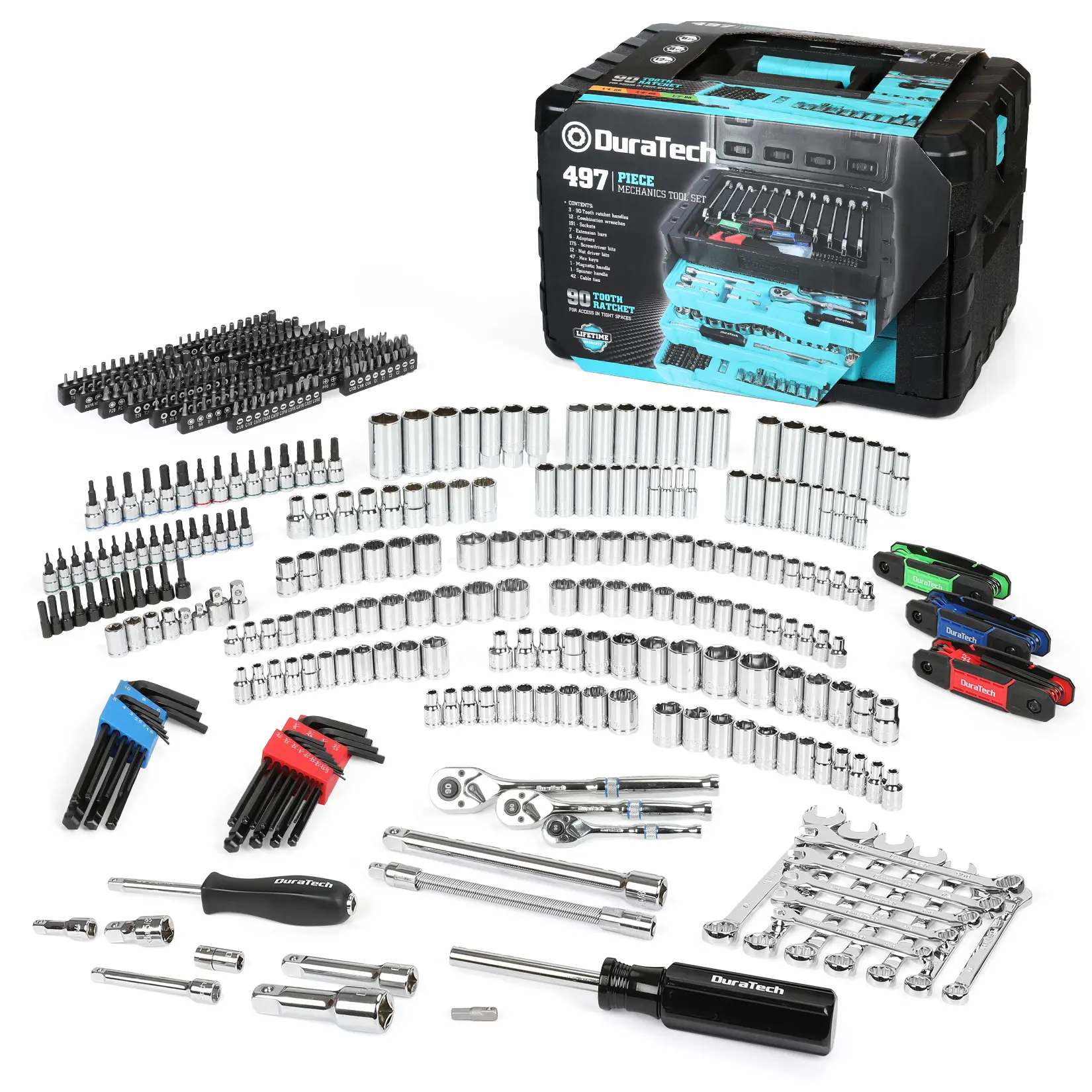 #fathersdaygift DURATECH 497-Piece Mechanics Tool Set, Include SAE/Metric Sockets, 90-Tooth Ratchet and Wrench Set in 3 Drawer Tool Box