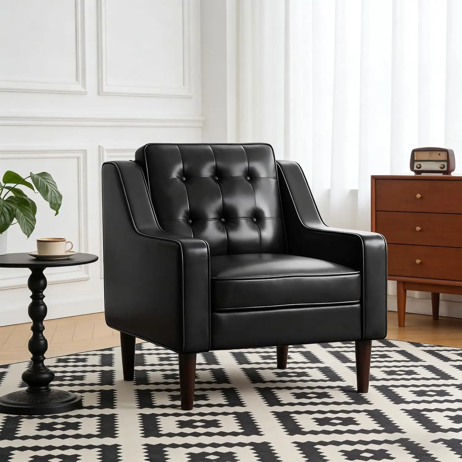 [tiktokshopbacktoschool] Vabches PU Leather Accent Chair Set of 2, Mid Century Modern Arm Chair for Living Room, Button-Tufted Upholstered Reading Chairs with Removable Cushions for Bedroom, Office, Cafe