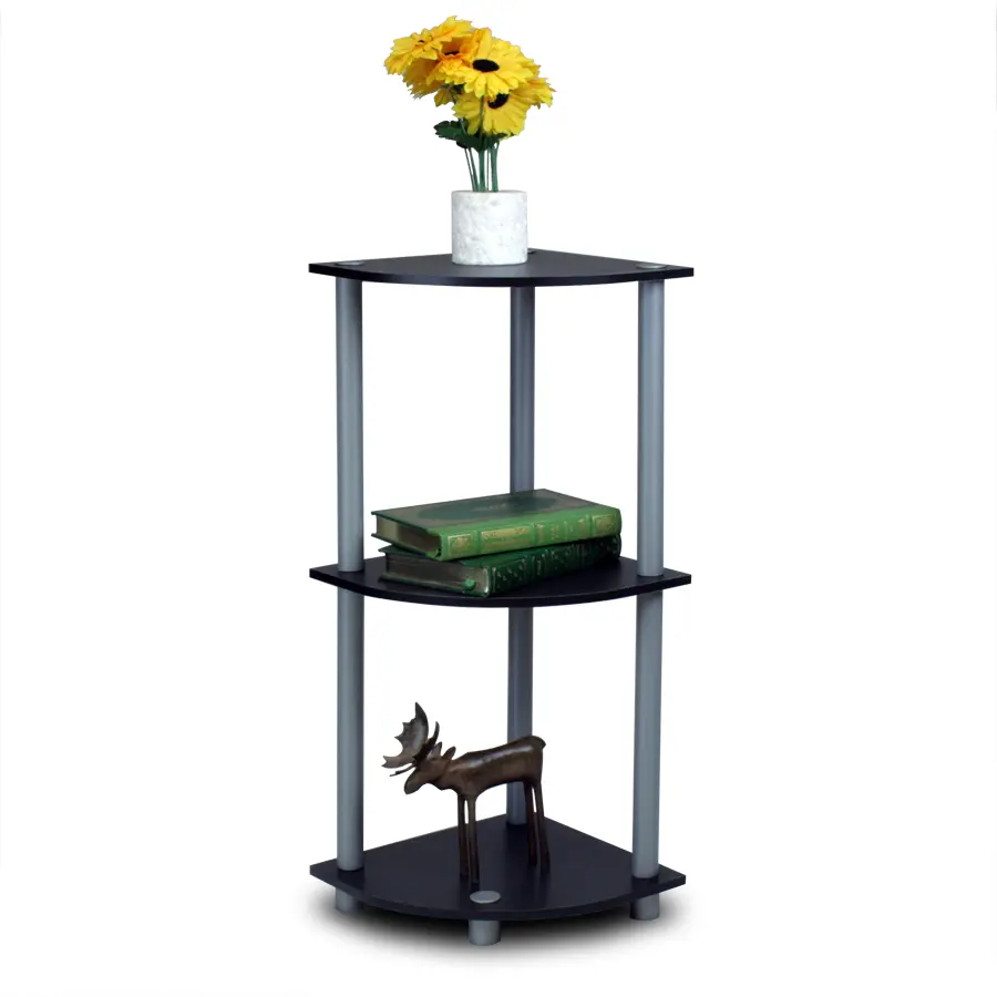 212 MAIN Turn-N-Tube 3-Tiered PVC Corner Shelf - Open-Frame Durable Recycled Plastic Decorative Storage Rack, Black & Grey Home Organizer, Wipe-Clean for Room Shelves Decor