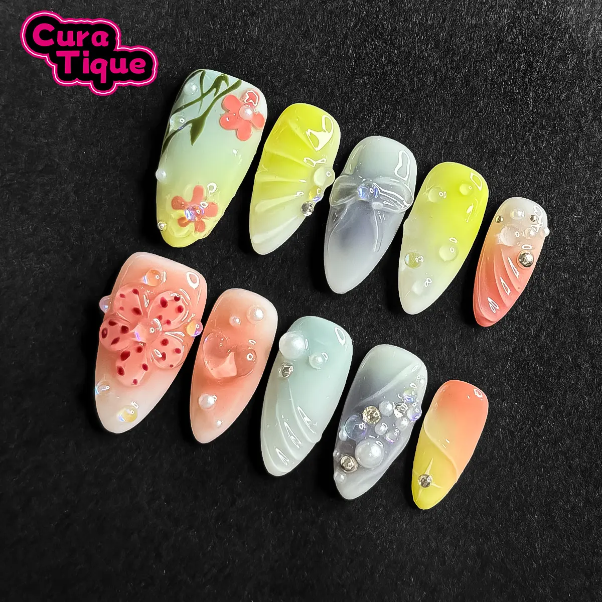 CuraTique | Dewy Petals 10PCS Handmade Press On Nails REUSABLE 3D Gel Winter 2025 / Prom