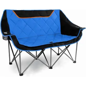 Oversized Fully Padded Camping Chair Folding Loveseat Camping Couch Double Duo Chair Heavy Duty Quad Fold Arm Chair with Cup Hold - Supports 650 LBS Blue