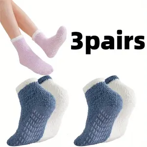 3Pairs Plush Short Boat Socks Comfortable Non Slip Fluffy with Dot Glue Socks for Women's Crew Socks