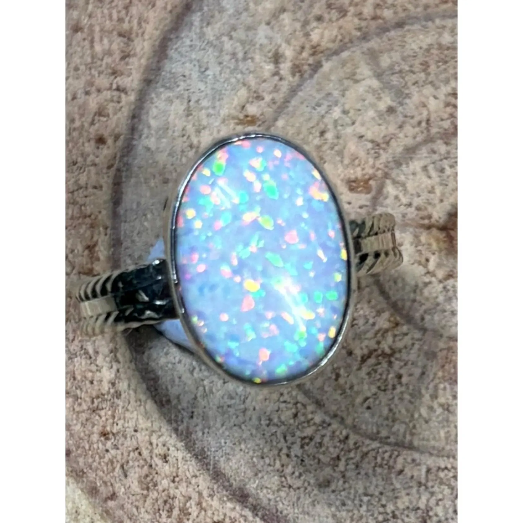 Isabelle Yazzie Navajo Handmade Sterling Silver Opal Statement Ring — Size 7