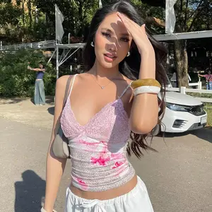 Lace Leopard Floral Print Bow Cami Top with Adjustable Straps for Women's Sexy Summer Beach Party Night Out Cropped Tank Trendy Y2K Outfit Tops