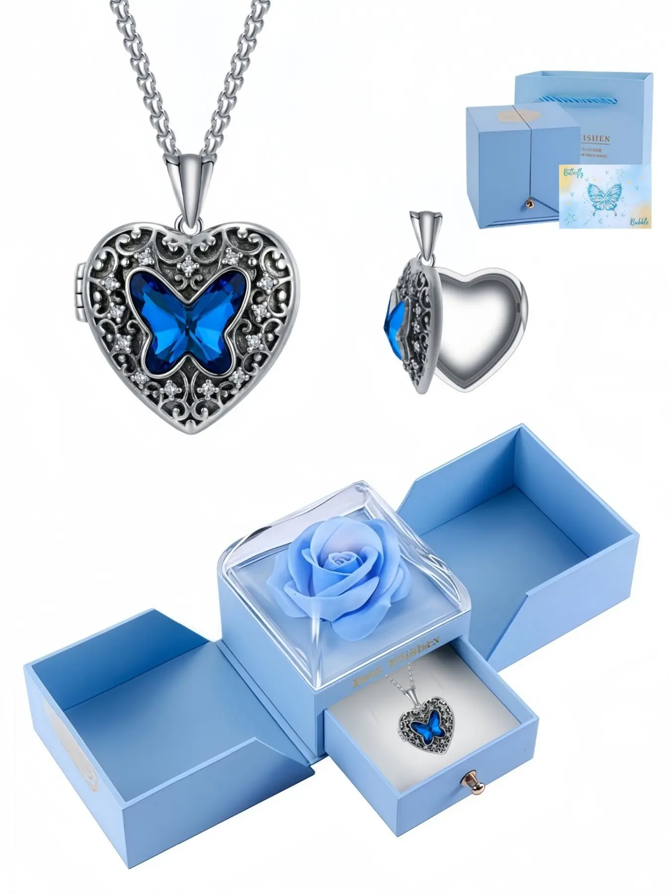 Blue Butterfly Dream Niche blue diamond butterfly locket necklace, fade-resistant inlaid diamond pendant. Comes with double-door preserved rose jewelry gift box. Perfect gift for birthdays, Mother's Day and Valentine's Day.