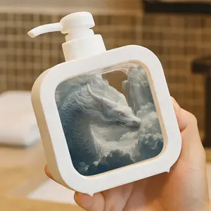 Creative Bathroom Dispenser with Hand Pump - Mystical White Dragon Design, Flowing Windswept Hair, Glowing Red Eyes, Layered Scales, Soaring Through Celestial Misty Clouds, Ideal For Soap, Lotion, & More