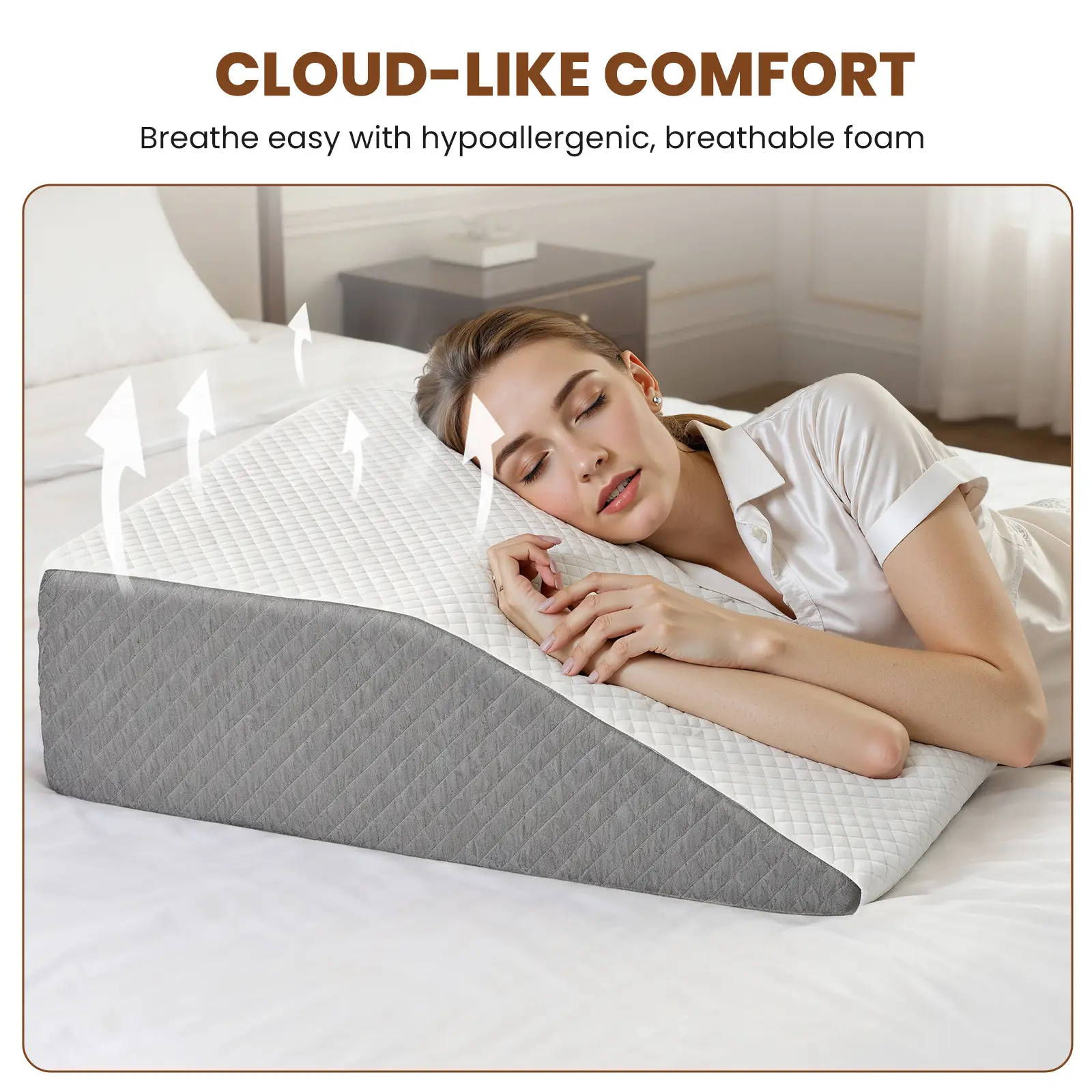 Ergonomic Wedge Pillow for Sleeping, Memory Foam Incline Body Pillow with Breathable White & Grey Removable Cover, Elevated Support Pillow for Acid Reflux, GERD, Snoring, Back Pain & Post-Surgery Recovery, Adjustable Comfort