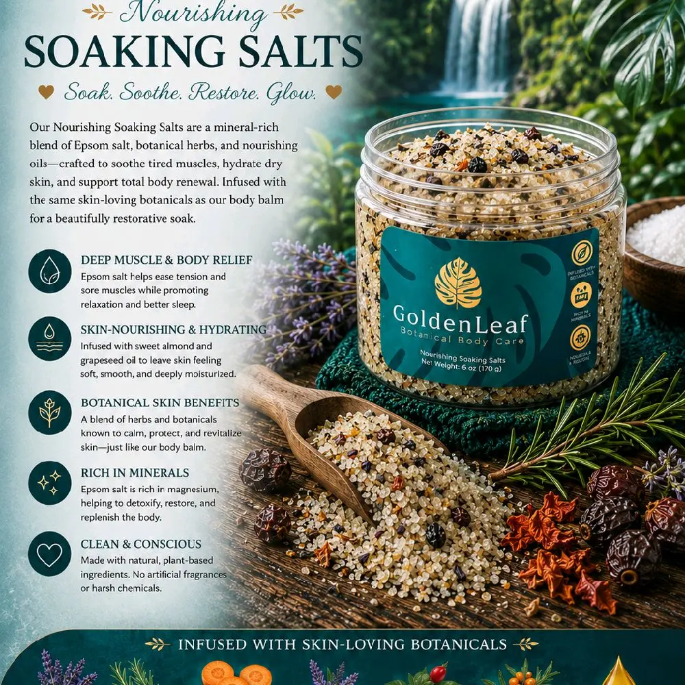 Infused Epsom Soaking Salts with Botanical Oil & Herbs - Body Care Soak for Tired Muscles, Sensitive Skin, Moisturizing Hydrating Rose Scent, 3-Treatment Jar