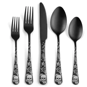15-Piece Halloween Skull Pattern Silver Color Stainless Steel Cutlery Set, Durable & Dishwasher Safe Dining Tableware, Kitchen Set Cutlery, Dinnerware Service Set