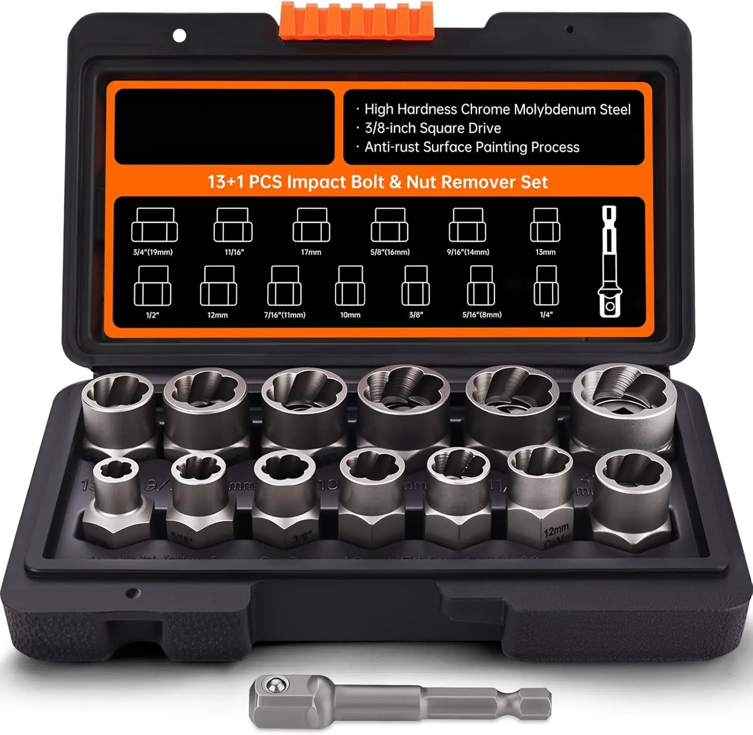 Bolt Extractor Tool Set, 13+1 Pcs Stripped Lug Remover, Rounded Bolt Remover for Removing Damaged Bolts, Universal Impact bolt Socket Wrench Set