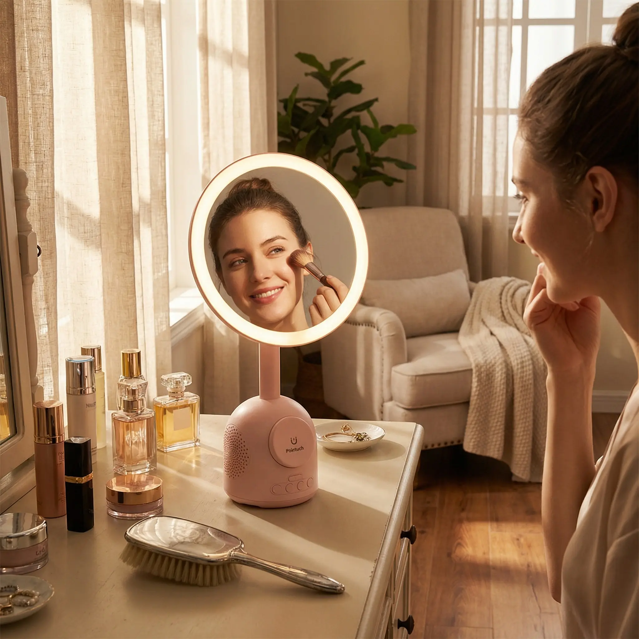 LED Makeup Mirror with Light, 5x Magnification, Magnetic Wireless Phone Charging, Rechargeable USB Speaker, Adjustable Lighting, Compact Design