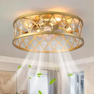 Caged Ceiling Fan with Light,20" Ceiling Fans with Lights and Remote,Bladeless Fandelier Small Low Profile Ceiling Fan Light Fixture for Bedroom,Kitchen,Dining Room,Gold Chandelier Lighting