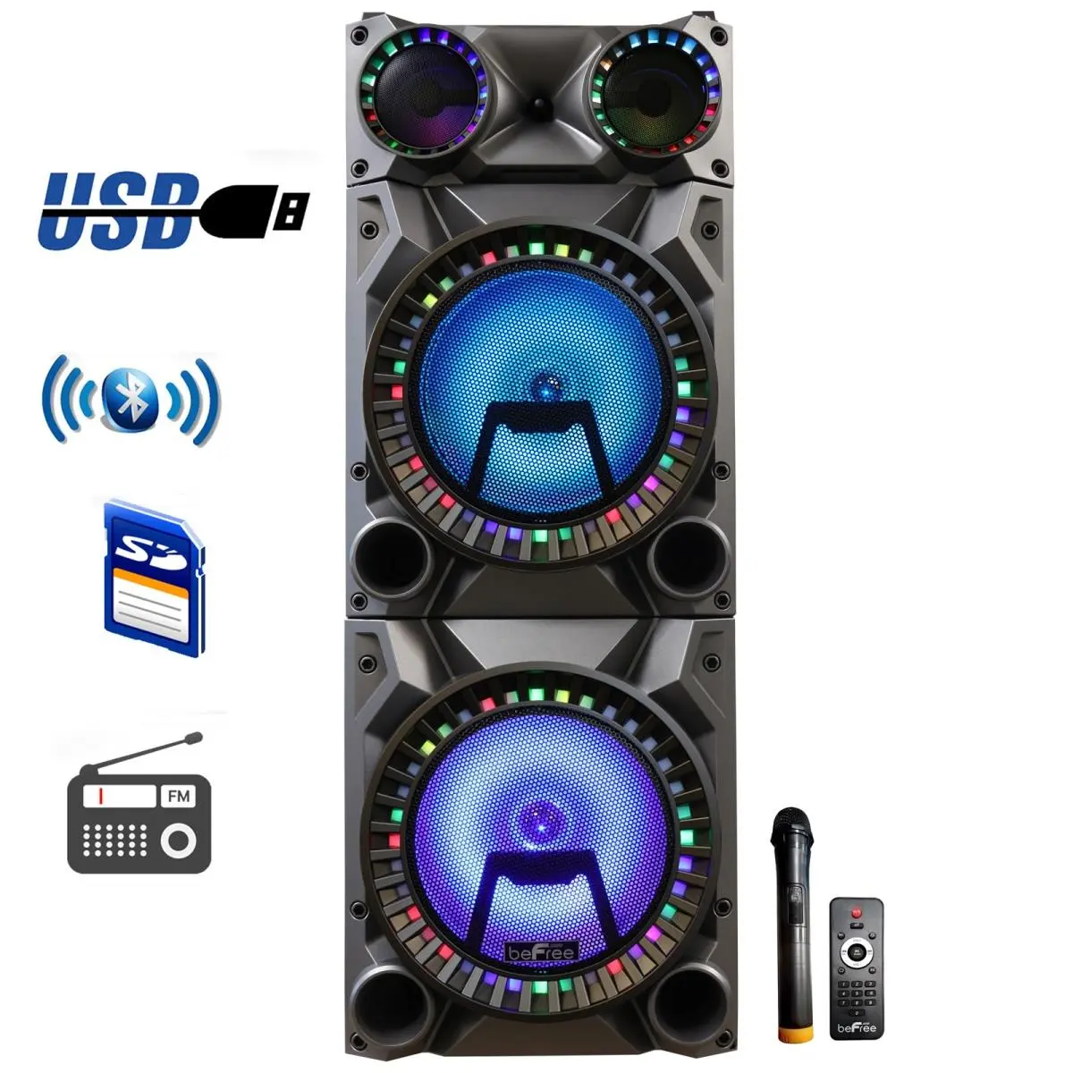 212 MAIN 12 in. Rechargeable Bluetooth Double Subwoofer Portable Party Speaker - with Aux Jack, USB Inputs, Colorful Design, FM Radio - for Computer & Mobile Audio Use