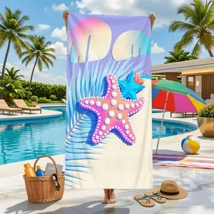 Vibrant Beach Towel Featuring a Playful Pink and Blue Starfish Design Surrounded by Lush Palm Fronds and Dreamy Clouds-perfect for Sunny Days by the Pool, Picnics at the Beach