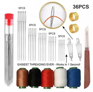 36PCS Large Eye Sewing Needles Kit - Easy Threading Hand Sewing Needles for Leather, Denim & Embroidery | Includes Heavy Duty Thread, Seam Ripper, Thimbles & Storage Tube | Ultimate DIY Mending Set