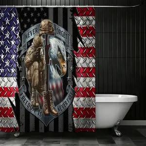 Patriotic Military Shower Curtain, Kneeling Soldier and Bald Eagle, Rugged Tactical Design, Memorial Day and Independence Day Decor