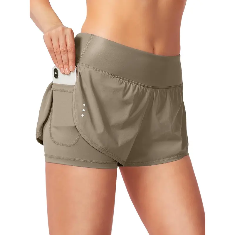 Women's 2 in 1 Running Shorts High Waisted Spandex Shorts Gym Yoga Workout Athletic Shorts for Women with Zipper Pockets