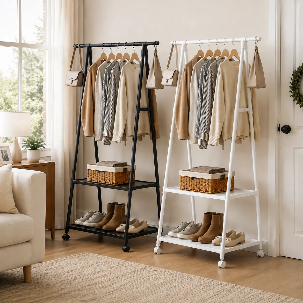 Multifunctional Clothing Rack with Shelves, Rolling Garment Rack for Bedroom Closet Storage