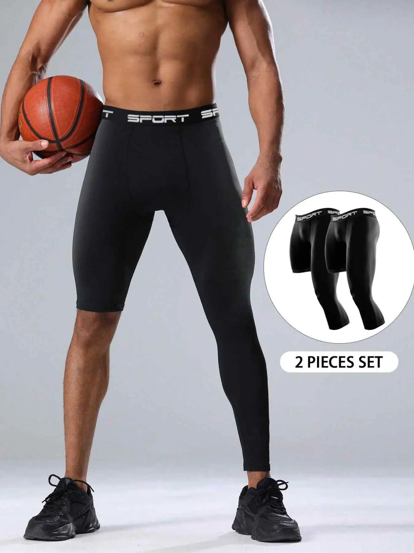 2-Pack Men's Performance Compression Pants with "SPORT" Logo, Workout Gym Basketball Running Tight-Fit Trousers, Stretchable Activewear, High-Elasticity, Athletic Stretchable, Breathable & Quick-Dry, Workout Clothes, Athletic Black