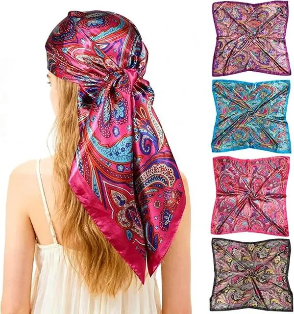 35-Inch Large Silk Scarf for Women – 4 Pcs Satin Hair Scarf Square, Multi-Use Bandana for Head Wraps, Neck Scarves, Sleeping & Travel – Soft Lightweight Accessories
