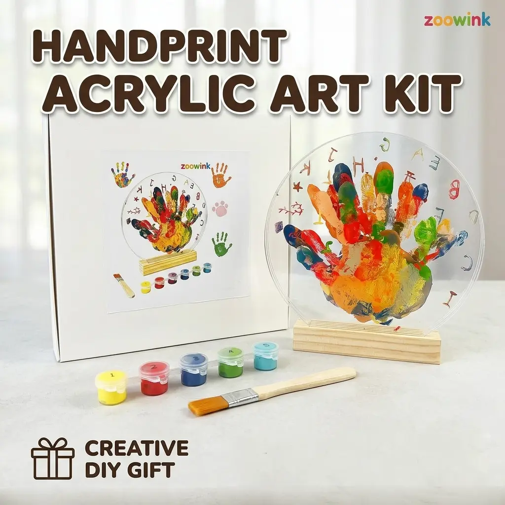 DIY Family Handprint Art Kit | Acrylic Keepsake Plaque with Wooden Stand & Safe Washable Paint | Perfect Personalized Mother’s Father’s Day Gift, Cute Kid & Baby Room Decor Craft