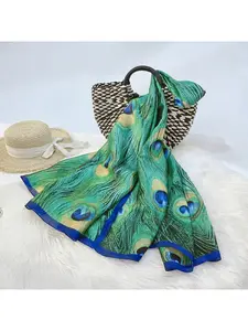 Peacock feather printed silk scarf, blue-green gradient long scarf, lightweight and breathable chiffon shawl