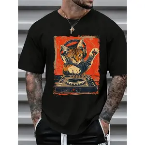 Men's Retro Cat DJ Graphic T-Shirt - 180g Heavyweight Tee with DJ Cat and Vinyl Record Design, Breathable All-Season Comfort, S-XXL Sizes, Casual and Music Party Shirt for Men, Machine Washable Loose Fit Round Neck